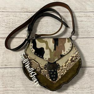 *Ransack Leather Upcycled Handmade Camo Snakeskin Crossbody Purse Saddle Bag